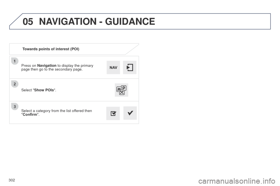 Peugeot 508 Hybrid 2014  Owners Manual 302
05
508_en_Chap11c_SMegplus-i_ed02-2014
Press on Navigation to display the primary 
page then go to the secondary page.
Select a category from the list offered then 
"Confirm". Select "Show POIs".
