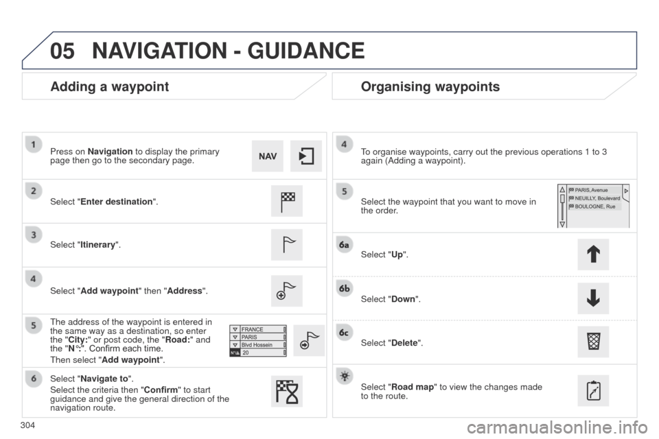 Peugeot 508 Hybrid 2014  Owners Manual 304
05
508_en_Chap11c_SMegplus-i_ed02-2014
Adding a waypointOrganising waypoints
Select "Enter destination".
Select "Itinerary".
Select "Add waypoint" then "Address".
t

he address of the waypoint is 
