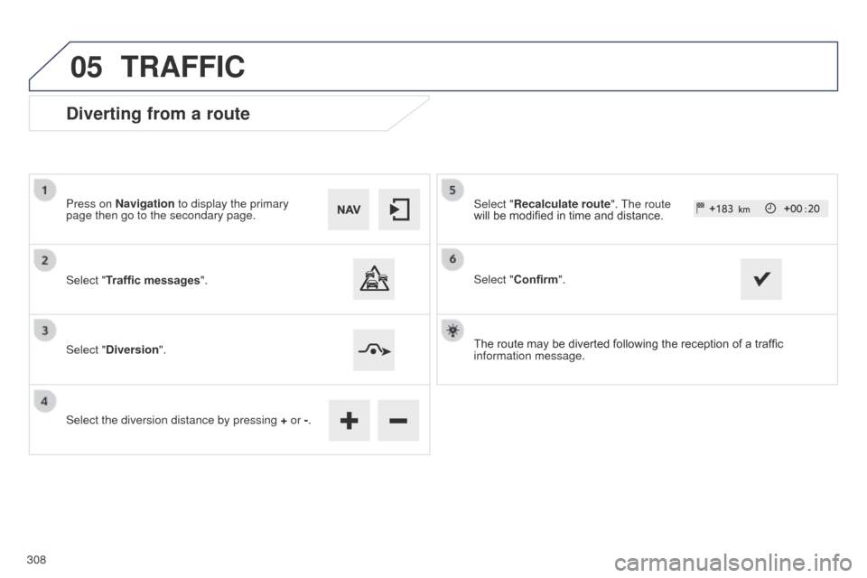 Peugeot 508 Hybrid 2014  Owners Manual 308
05
508_en_Chap11c_SMegplus-i_ed02-2014
Diverting from a route
Press on Navigation to display the primary 
page then go to the secondary page.
Select "Traffic messages".
Select "Diversion".
Select 