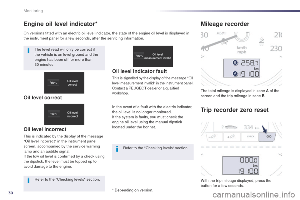 Peugeot 508 Hybrid 2014 Owners Guide 30
Engine oil level indicator*
Oil level incorrect
this is indicated by the display of the message 
"Oil level incorrect" in the instrument panel 
screen, accompanied by the service warning 
lamp and 