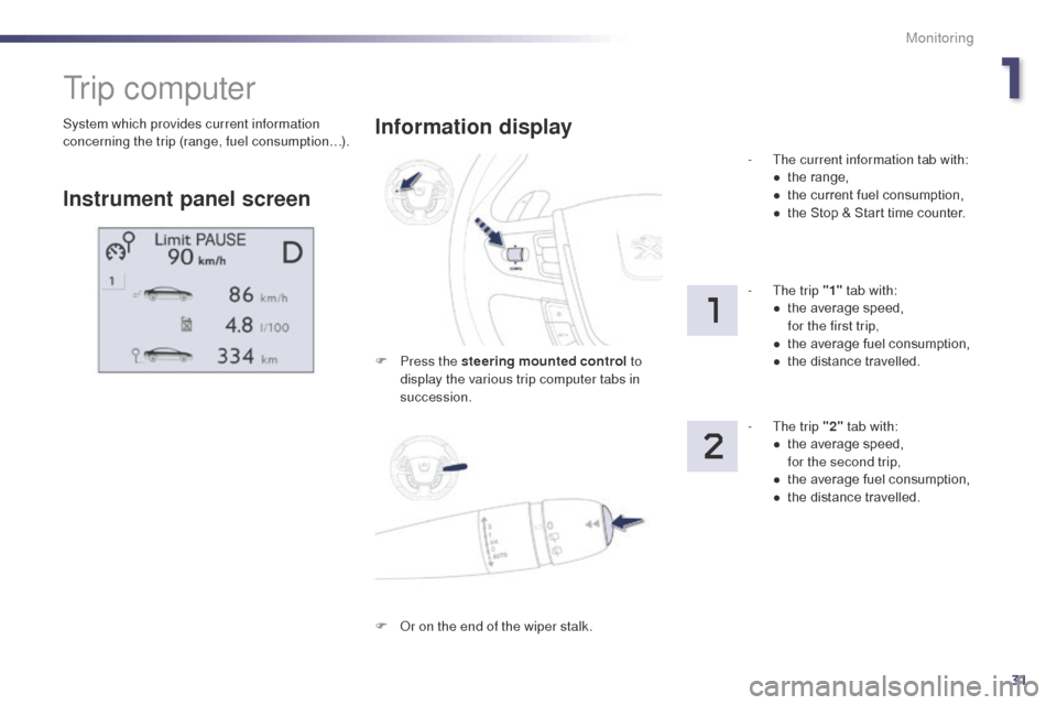 Peugeot 508 Hybrid 2014 Owners Guide 31
System which provides current information
concerning the trip (range, fuel consumption…).
tr i p c o m p u t e r
Instrument panel screenInformation display
F Press the steering mounted control
Peugeot 508 Hybrid 2014 Owners Guide 31
System which provides current information
concerning the trip (range, fuel consumption…).
tr i p c o m p u t e r
Instrument panel screenInformation display
F Press the steering mounted control