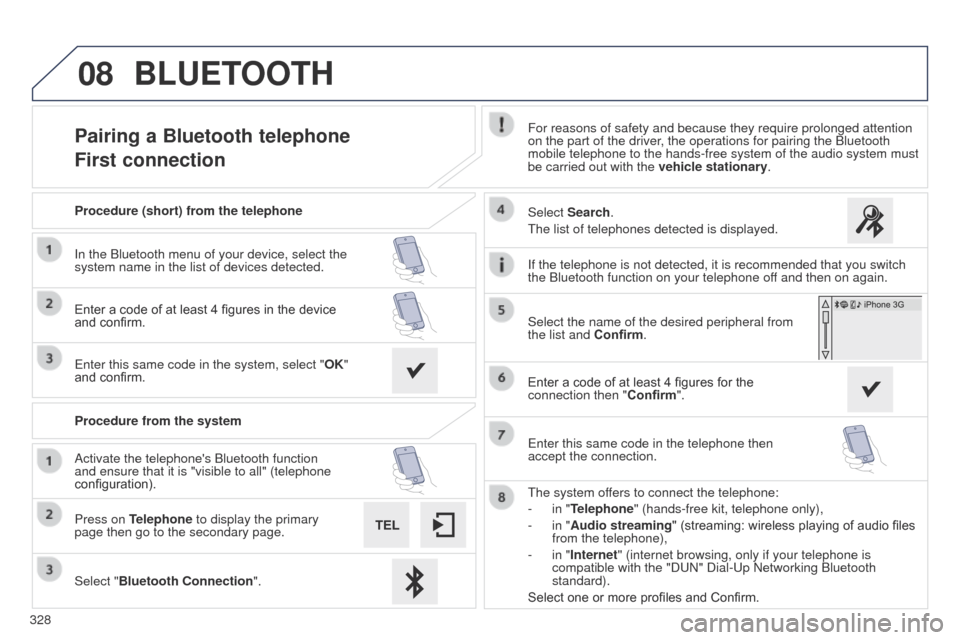 Peugeot 508 Hybrid 2014  Owners Manual 328
08
508_en_Chap11c_SMegplus-i_ed02-2014
Pairing a Bluetooth telephone
First connectionFor reasons of safety and because they require prolonged attention 
on the part of the driver, the operations f