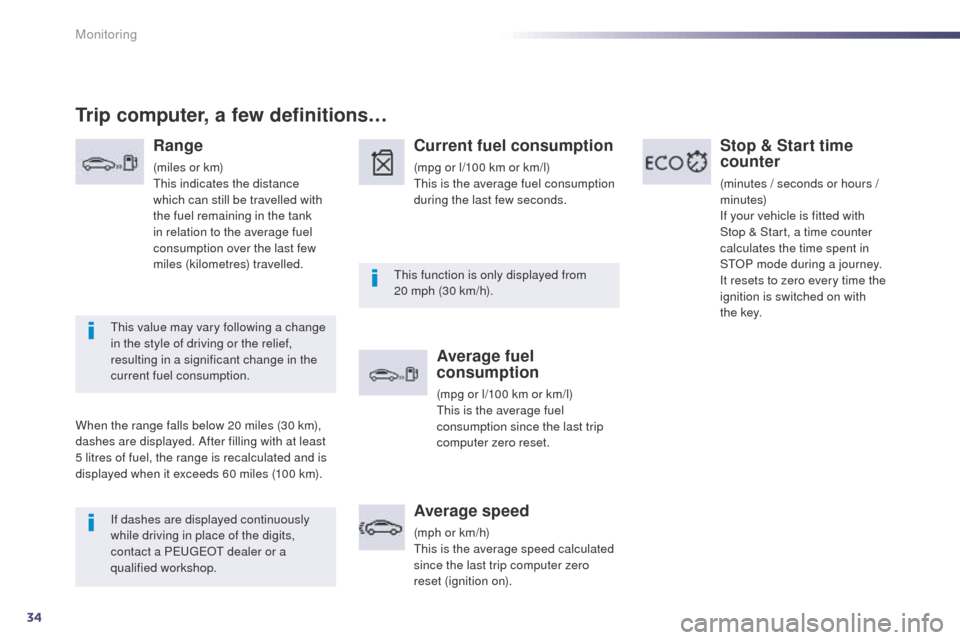 Peugeot 508 Hybrid 2014  Owners Manual 34
If dashes are displayed continuously 
while driving in place of the digits, 
contact a P
e
uge
Ot
  dealer or a 
qualified workshop.
th
 is function is only displayed from 
20   mph (30 km/h).
th

