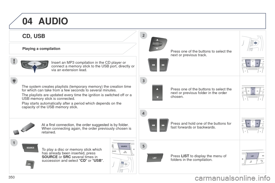 Peugeot 508 Hybrid 2014 Owners Manual 350
04
CD, USB
AUDIO
Playing a compilationInsert an MP3 compilation in the CD player or
connect a memory stick to the
u SB port, directly or
via an extension lead.
t
he system creates playlists (t Peugeot 508 Hybrid 2014 Owners Manual 350
04
CD, USB
AUDIO
Playing a compilationInsert an MP3 compilation in the CD player or
connect a memory stick to the
u SB port, directly or
via an extension lead.
t
he system creates playlists (t