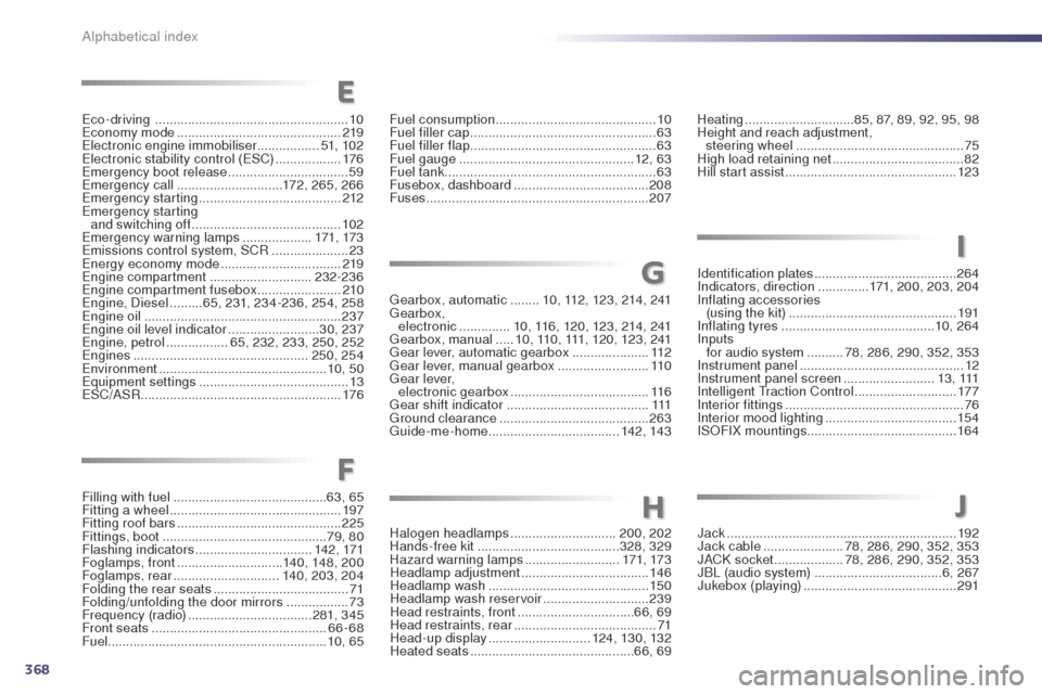 Peugeot 508 Hybrid 2014  Owners Manual 368
Fuel consumption ............................................10
F uel filler cap   ................................................... 63
Fuel filler flap
  .......................................