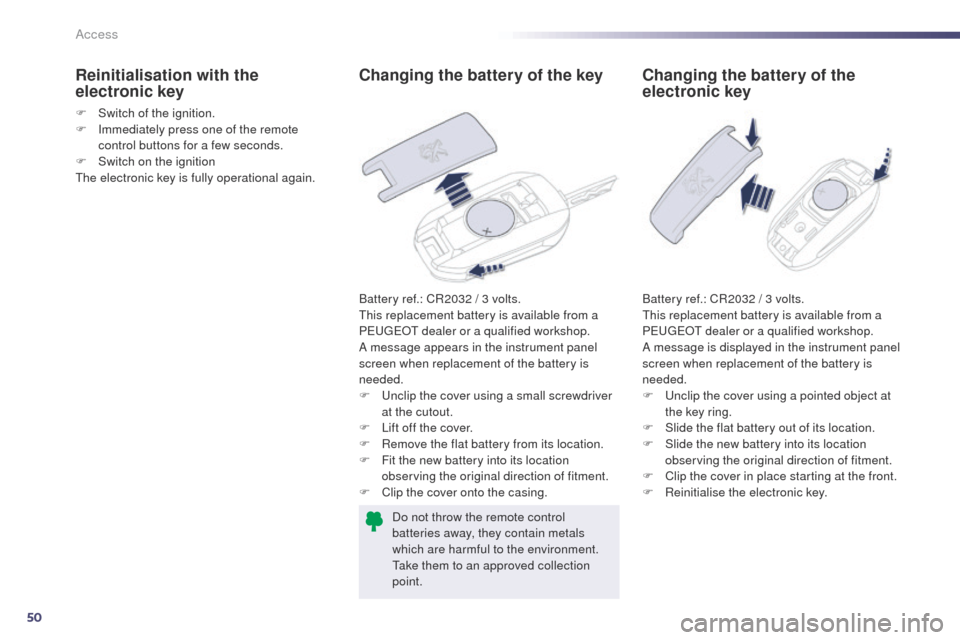 Peugeot 508 Hybrid 2014  Owners Manual 50
508_en_Chap02_ouvertures_ed02-2014
Changing the battery of the key
Battery ref.: CR2032 / 3 volts.this replacement battery is available from a 
P
e

uge
Ot
  dealer or a qualified workshop.
A messa