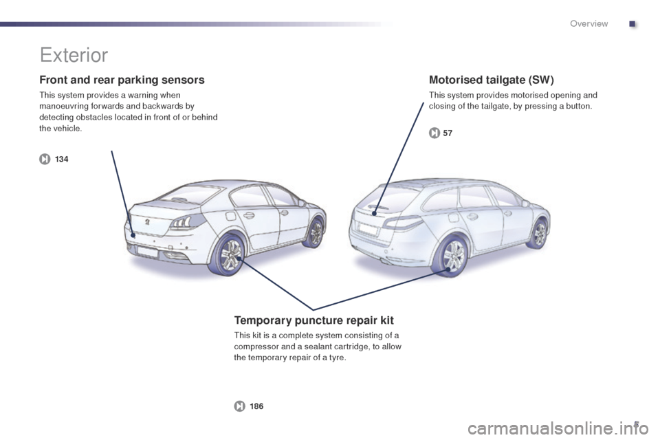 Peugeot 508 Hybrid 2014  Owners Manual 5
13 457
186
508_en_Chap00b_vue-ensemble_ed02-2014
Front and rear parking sensors
this system provides a warning when 
manoeuvring forwards and backwards by 
detecting obstacles located in front of or