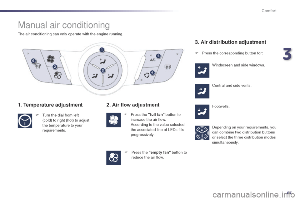 Peugeot 508 Hybrid 2014 Manual Online 87
508_en_Chap03_confort_ed02-2014
Manual air conditioning
the air conditioning can only operate with the engine running.
1. Temperature adjustment
F turn the dial from left (cold) to right (hot) to Peugeot 508 Hybrid 2014 Manual Online 87
508_en_Chap03_confort_ed02-2014
Manual air conditioning
the air conditioning can only operate with the engine running.
1. Temperature adjustment
F turn the dial from left (cold) to right (hot) to