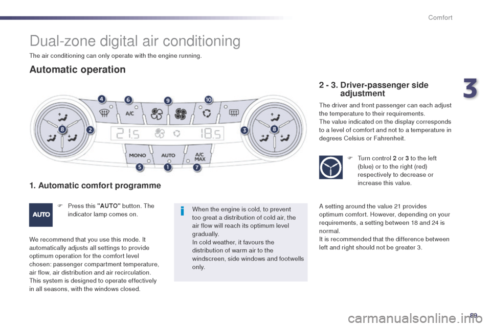 Peugeot 508 Hybrid 2014  Owners Manual 89
508_en_Chap03_confort_ed02-2014
Dual-zone digital air conditioning
Automatic operation
1. Automatic comfort programme
F Press this "AUTO" button.  th e 
indicator lamp comes on.
We recommend that y
