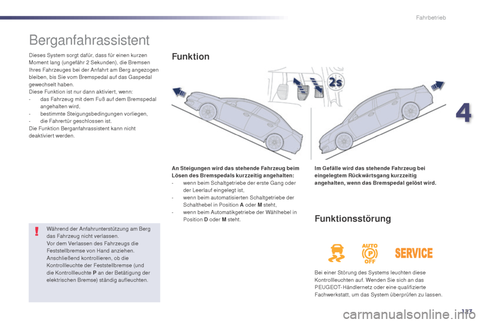 Peugeot 508 Hybrid 2014 Betriebsanleitung (in German) 123
Berganfahrassistent
Dieses System sorgt dafür, dass für einen kurzen
Moment lang (ungefähr 2 Sekunden), die Bremsen
Ihres Fahrzeuges bei der Anfahr t am Berg angezogen
bleiben, bis Sie vom B Peugeot 508 Hybrid 2014 Betriebsanleitung (in German) 123
Berganfahrassistent
Dieses System sorgt dafür, dass für einen kurzen
Moment lang (ungefähr 2 Sekunden), die Bremsen
Ihres Fahrzeuges bei der Anfahr t am Berg angezogen
bleiben, bis Sie vom B
