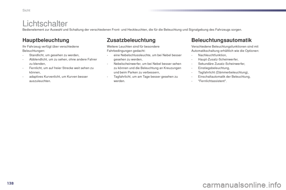 Peugeot 508 Hybrid 2014  Betriebsanleitung (in German) 138
508_de_Chap05_visibilite_ed02-2014
Sicht
LichtschalterBedienelement zur Auswahl und Schaltung der verschiedenen Front- und Heckleuchten, die für die Beleuchtung und Signalgebung des Fahrzeugs sor