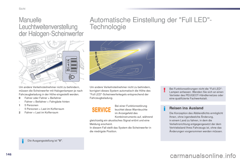 Peugeot 508 Hybrid 2014 Betriebsanleitung (in German) 146
508_de_Chap05_visibilite_ed02-2014
Manuelle
Leuchtweitenverstellung
der Halogen-ScheinwerferAutomatische Einstellung der "Full LED"-
Technologie
Um andere Verkehrsteilnehmer nicht zu behindern, Peugeot 508 Hybrid 2014 Betriebsanleitung (in German) 146
508_de_Chap05_visibilite_ed02-2014
Manuelle
Leuchtweitenverstellung
der Halogen-ScheinwerferAutomatische Einstellung der "Full LED"-
Technologie
Um andere Verkehrsteilnehmer nicht zu behindern,