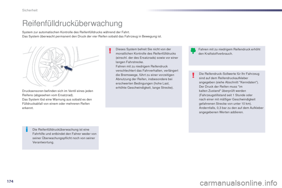 Peugeot 508 Hybrid 2014 Betriebsanleitung (in German) 174
508_de_Chap07_securite_ed02-2014
Reifenfülldrucküberwachung
System zur automatischen Kontrolle des Reifenfülldrucks während der Fahr t.
Das System über wacht permanent den Druck der vier Reif Peugeot 508 Hybrid 2014 Betriebsanleitung (in German) 174
508_de_Chap07_securite_ed02-2014
Reifenfülldrucküberwachung
System zur automatischen Kontrolle des Reifenfülldrucks während der Fahr t.
Das System über wacht permanent den Druck der vier Reif