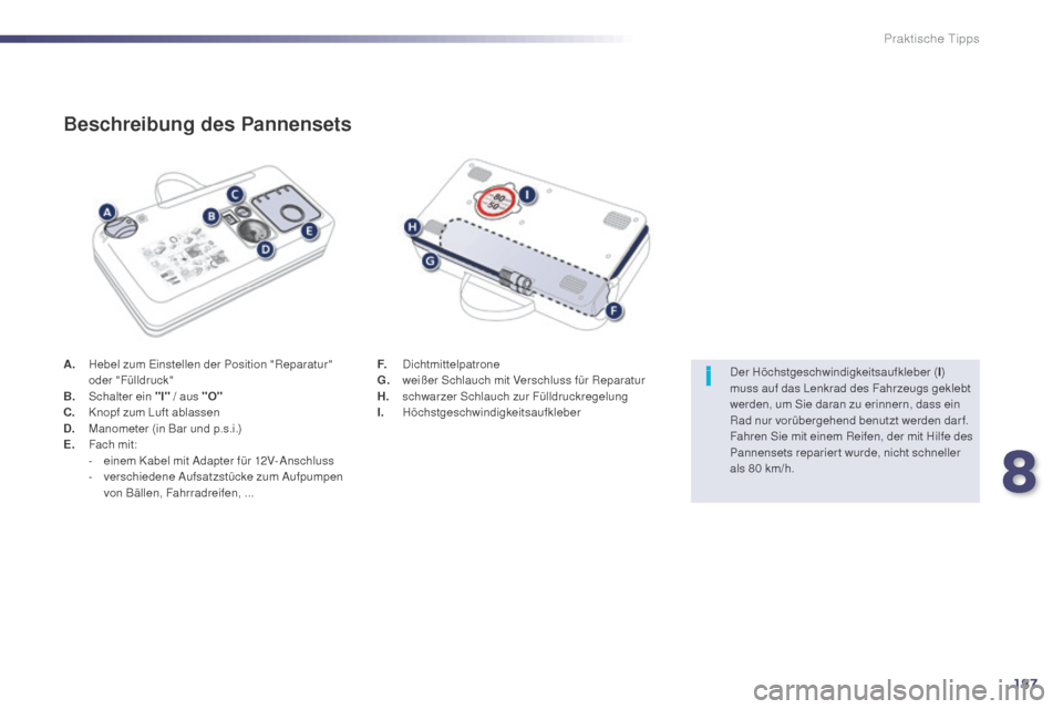 Peugeot 508 Hybrid 2014 Betriebsanleitung (in German) 187
i
508_de_Chap08_info-pratiques_ed02-2014
A. Hebel zum Einstellen der Position "Reparatur" oder "Fülldruck"
B.
S
chalter ein "I" / aus "O"
C.
K
nopf zum Luft ablassen
D.
M
anometer (in Bar Peugeot 508 Hybrid 2014 Betriebsanleitung (in German) 187
i
508_de_Chap08_info-pratiques_ed02-2014
A. Hebel zum Einstellen der Position "Reparatur" oder "Fülldruck"
B.
S
chalter ein "I" / aus "O"
C.
K
nopf zum Luft ablassen
D.
M
anometer (in Bar
