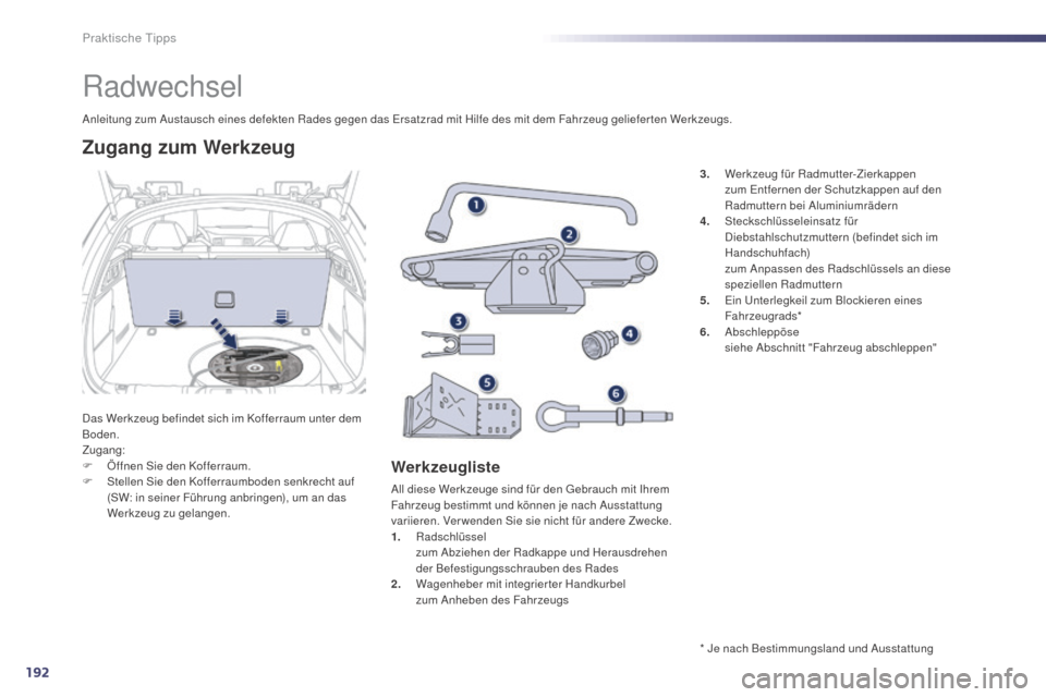 Peugeot 508 Hybrid 2014  Betriebsanleitung (in German) 192
508_de_Chap08_info-pratiques_ed02-2014
Radwechsel
Das Werkzeug befindet sich im Kofferraum unter dem 
Boden.
Zugang:
F 
Ö
 ffnen Sie den Kofferraum.
F
 
S
 tellen Sie den Kofferraumboden senkrech