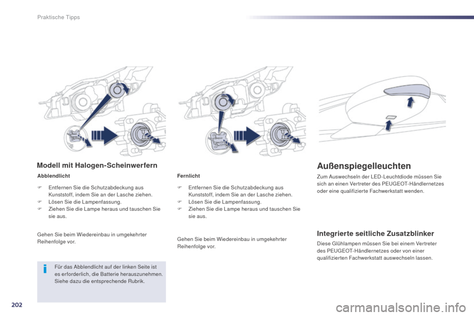 Peugeot 508 Hybrid 2014 Betriebsanleitung (in German) 202
508_de_Chap08_info-pratiques_ed02-2014
Fernlicht
F
E
ntfernen Sie die Schutzabdeckung aus
Kunststoff, indem Sie an der Lasche ziehen.
F
L
ösen Sie die Lampenfassung.
F
Z
iehen Sie die La Peugeot 508 Hybrid 2014 Betriebsanleitung (in German) 202
508_de_Chap08_info-pratiques_ed02-2014
Fernlicht
F
E
ntfernen Sie die Schutzabdeckung aus
Kunststoff, indem Sie an der Lasche ziehen.
F
L
ösen Sie die Lampenfassung.
F
Z
iehen Sie die La