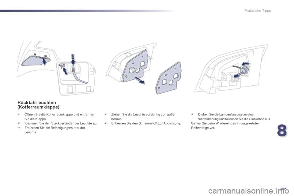 Peugeot 508 Hybrid 2014 Betriebsanleitung (in German) 205
508_de_Chap08_info-pratiques_ed02-2014
Rückfahrleuchten
(Kofferraumklappe)
F Öffnen Sie die Kofferraumklappe und entfernen Sie die Klappe.
F
K
lemmen Sie den Steckverbinder der Leuchte ab.
F Peugeot 508 Hybrid 2014 Betriebsanleitung (in German) 205
508_de_Chap08_info-pratiques_ed02-2014
Rückfahrleuchten
(Kofferraumklappe)
F Öffnen Sie die Kofferraumklappe und entfernen Sie die Klappe.
F
K
lemmen Sie den Steckverbinder der Leuchte ab.
F