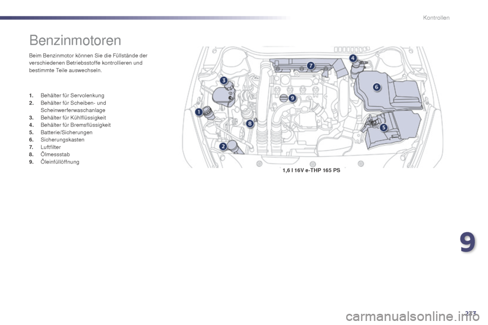 Peugeot 508 Hybrid 2014 Betriebsanleitung (in German) 233
508_de_Chap09_verifications_ed02-2014
1,6 l 16V e-THP 165 PS
Benzinmotoren
Beim Benzinmotor können Sie die Füllstände der
verschiedenen Betriebsstoffe kontrollieren und
bestimmte Teile auswec Peugeot 508 Hybrid 2014 Betriebsanleitung (in German) 233
508_de_Chap09_verifications_ed02-2014
1,6 l 16V e-THP 165 PS
Benzinmotoren
Beim Benzinmotor können Sie die Füllstände der
verschiedenen Betriebsstoffe kontrollieren und
bestimmte Teile auswec