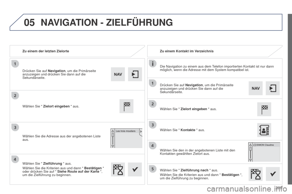 Peugeot 508 Hybrid 2014  Betriebsanleitung (in German) 299
05
508_de_Chap11c_SMEGplus-i_ed02-2014
Zu einem der letzten ZielorteZu einem Kontakt im Verzeichnis
Die Navigation zu einem aus dem Telefon importierten Kontakt ist nur dann 
möglich, wenn die Ad