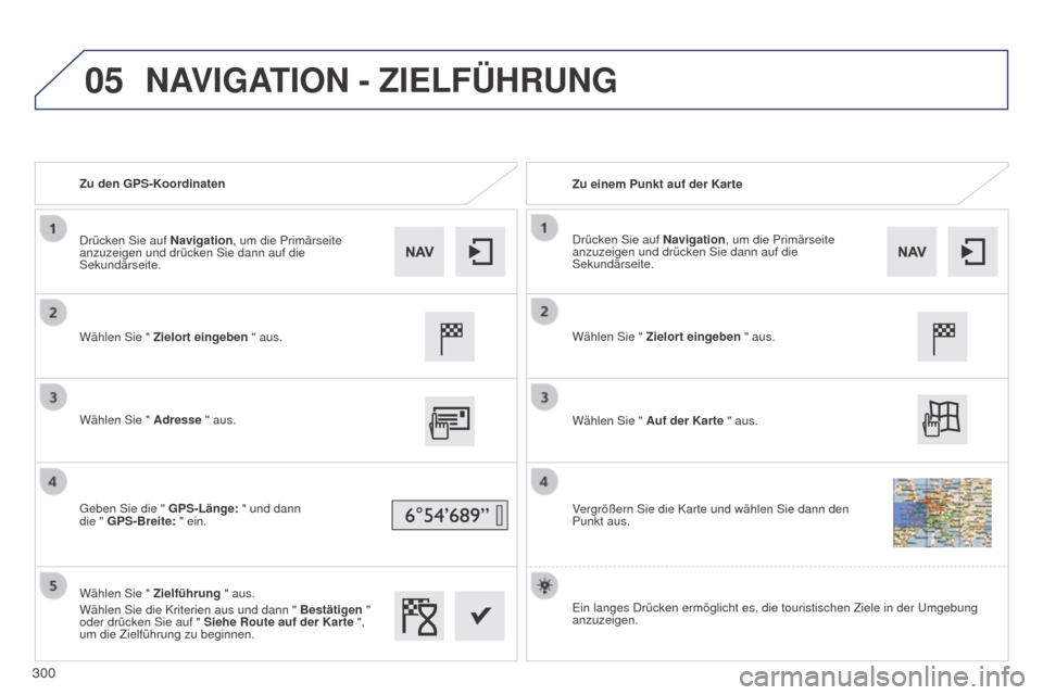 Peugeot 508 Hybrid 2014 Betriebsanleitung (in German) 300
05
508_de_Chap11c_SMEGplus-i_ed02-2014
Zu den GPS-KoordinatenZu einem Punkt auf der Karte
Wählen Sie " Zielort eingeben " aus.
Wählen Sie " Adresse " aus.
Geben Sie die " GPS-Länge: " und dann Peugeot 508 Hybrid 2014 Betriebsanleitung (in German) 300
05
508_de_Chap11c_SMEGplus-i_ed02-2014
Zu den GPS-KoordinatenZu einem Punkt auf der Karte
Wählen Sie " Zielort eingeben " aus.
Wählen Sie " Adresse " aus.
Geben Sie die " GPS-Länge: " und dann