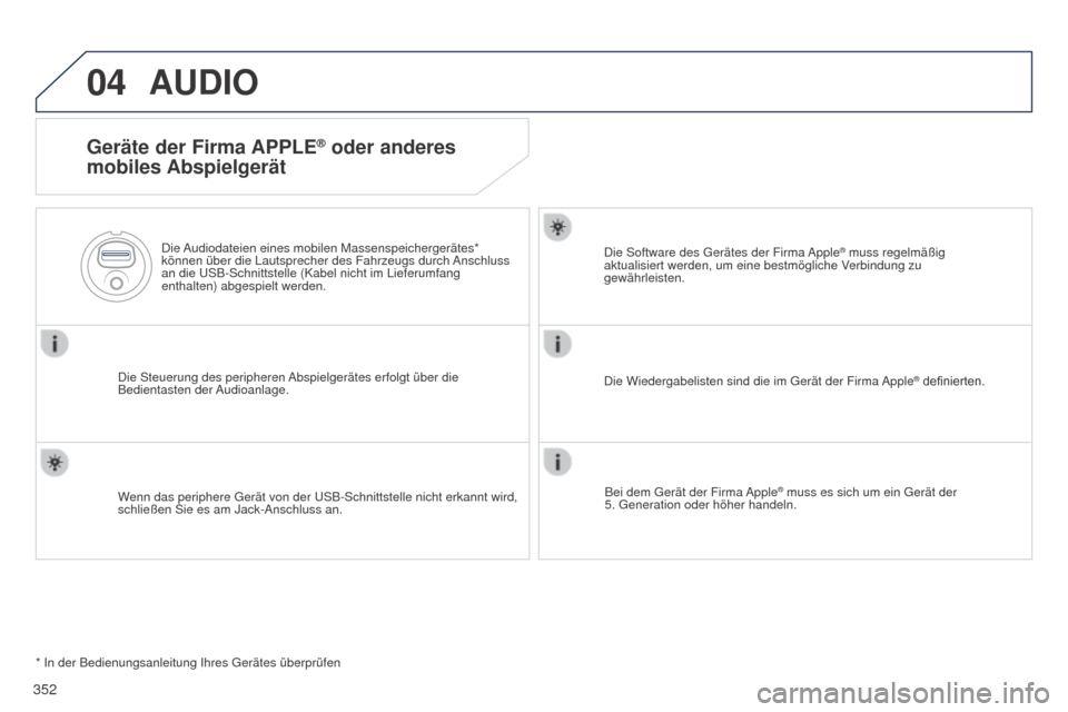 Peugeot 508 Hybrid 2014  Betriebsanleitung (in German) 352
04AUDIO
Geräte der Firma APPLE® oder anderes 
mobiles Abspielgerät
Die Steuerung des peripheren Abspielgerätes erfolgt über die 
Bedientasten  der Audioanlage. Die Audiodateien eines mobilen 
