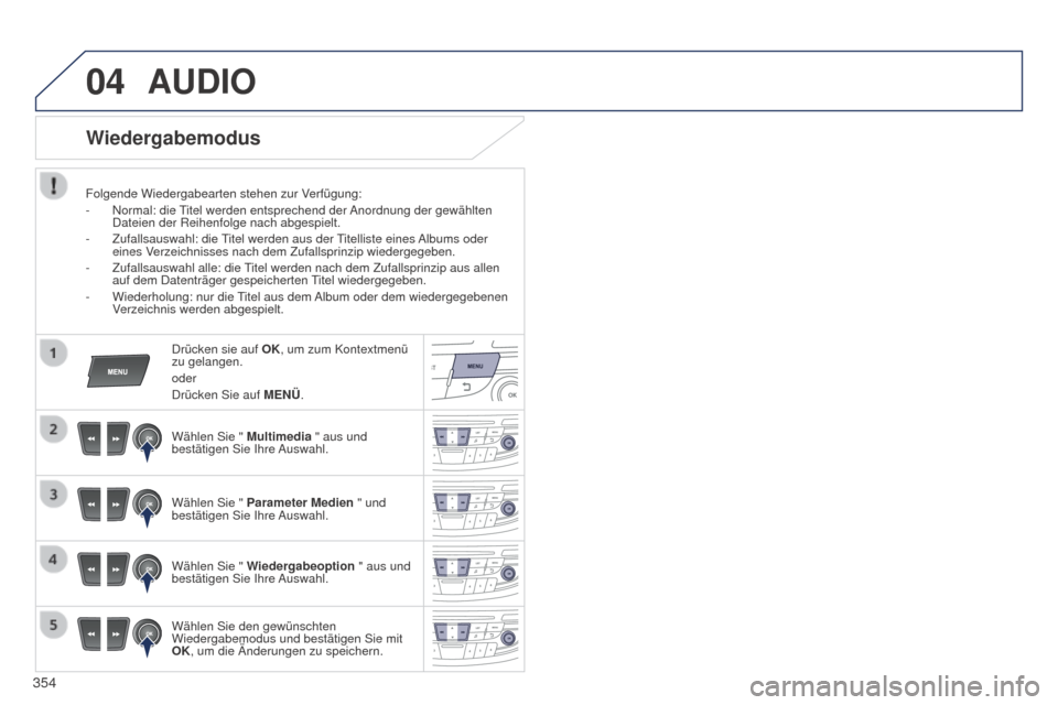 Peugeot 508 Hybrid 2014  Betriebsanleitung (in German) 354
04AUDIO
Wiedergabemodus
Folgende Wiedergabearten stehen zur Verfügung:
- Normal: die  Titel werden entsprechend der Anordnung der gewählten 
Dateien der Reihenfolge nach abgespielt.
-
 
Zufallsa