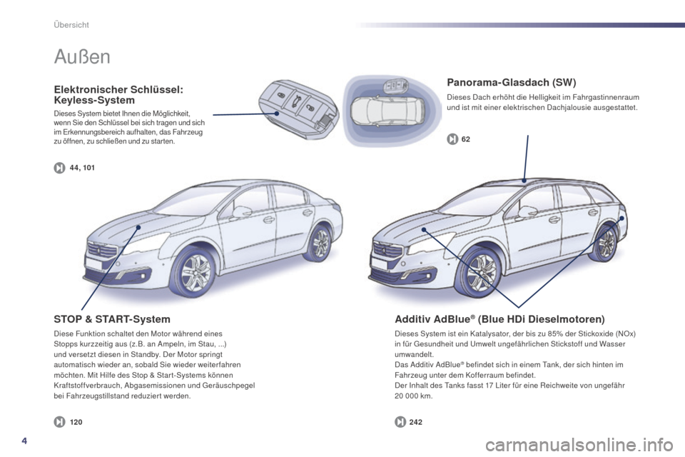 Peugeot 508 Hybrid 2014 Betriebsanleitung (in German) 4
4 4, 10124262
120
508_de_Chap00b_vue-ensemble_ed02-2014
Elektronischer Schlüssel:
Keyless-System
Dieses System bietet Ihnen die Möglichkeit,
wenn Sie den Schlüssel bei sich tragen und sich
im Peugeot 508 Hybrid 2014 Betriebsanleitung (in German) 4
4 4, 10124262
120
508_de_Chap00b_vue-ensemble_ed02-2014
Elektronischer Schlüssel:
Keyless-System
Dieses System bietet Ihnen die Möglichkeit,
wenn Sie den Schlüssel bei sich tragen und sich
im