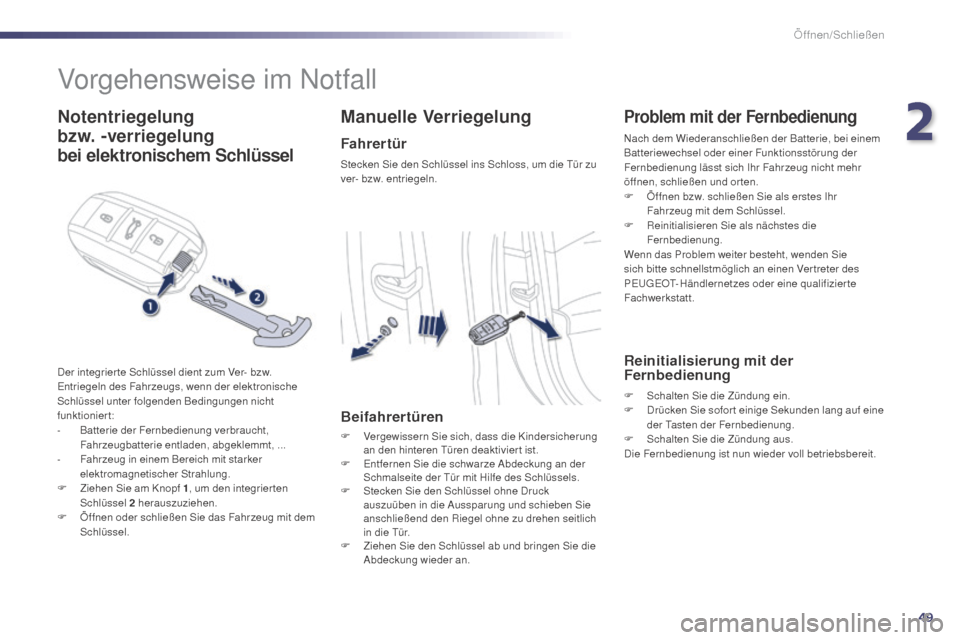 Peugeot 508 Hybrid 2014  Betriebsanleitung (in German) 49
508_de_Chap02_ouvertures_ed02-2014
Vorgehensweise im Notfall
Notentriegelung  
bzw. -verriegelung  
bei elektronischem Schlüssel
Der integrier te Schlüssel dient zum Ver- bzw. 
Entriegeln des Fah