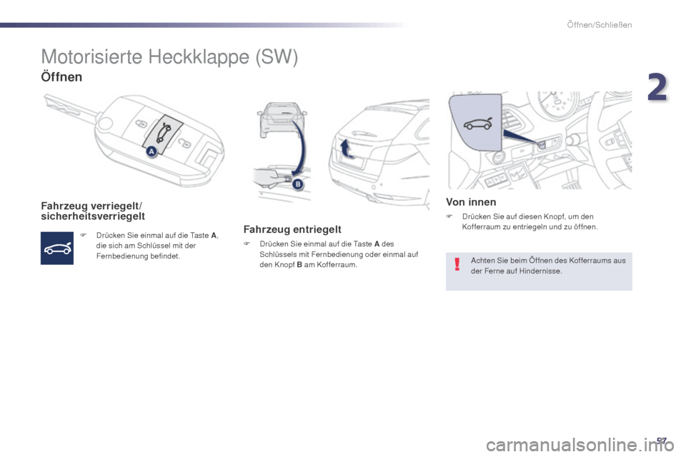 Peugeot 508 Hybrid 2014  Betriebsanleitung (in German) 57
508_de_Chap02_ouvertures_ed02-2014
Motorisierte Heckklappe (SW)
Öffnen
Fahrzeug verriegelt/
sicherheitsverriegelt
F Drücken Sie einmal auf die Taste A,  
die sich am Schlüssel mit der 
Fernbedie