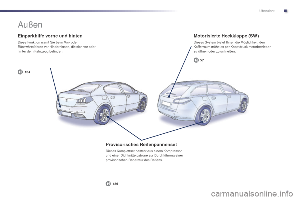 Peugeot 508 Hybrid 2014  Betriebsanleitung (in German) 5
13 457
186
508_de_Chap00b_vue-ensemble_ed02-2014
Einparkhilfe vorne und hinten
Diese Funktion warnt Sie beim Vor- oder 
Rückwär tsfahren vor Hindernissen, die sich vor oder 
hinter dem Fahrzeug be