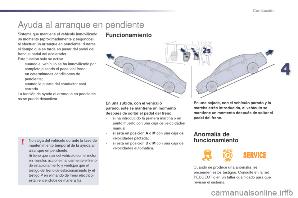 Peugeot 508 Hybrid 2014 Manual del propietario (in Spanish) 123
Ayuda al arranque en pendiente
Sistema que mantiene el vehículo inmovilizado
un momento (aproximadamente 2 segundos)
al efectuar un arranque en pendiente, durante
el tiempo que se tarda en pas Peugeot 508 Hybrid 2014 Manual del propietario (in Spanish) 123
Ayuda al arranque en pendiente
Sistema que mantiene el vehículo inmovilizado
un momento (aproximadamente 2 segundos)
al efectuar un arranque en pendiente, durante
el tiempo que se tarda en pas