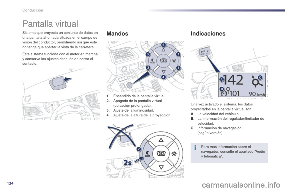 Peugeot 508 Hybrid 2014 Manual del propietario (in Spanish) 124
Pantalla virtual
Sistema que proyecta un conjunto de datos en
una pantalla ahumada situada en el campo de
visión del conductor, permitiendo así que este
no tenga que apartar la vista de la ca Peugeot 508 Hybrid 2014 Manual del propietario (in Spanish) 124
Pantalla virtual
Sistema que proyecta un conjunto de datos en
una pantalla ahumada situada en el campo de
visión del conductor, permitiendo así que este
no tenga que apartar la vista de la ca