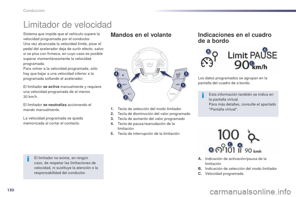 Peugeot 508 Hybrid 2014 Manual del propietario (in Spanish) 130
Limitador de velocidad
Sistema que impide que el vehículo supere la
velocidad programada por el conductor.
Una vez alcanzada la velocidad límite, pisar el
pedal del acelerador deja de surtir e Peugeot 508 Hybrid 2014 Manual del propietario (in Spanish) 130
Limitador de velocidad
Sistema que impide que el vehículo supere la
velocidad programada por el conductor.
Una vez alcanzada la velocidad límite, pisar el
pedal del acelerador deja de surtir e