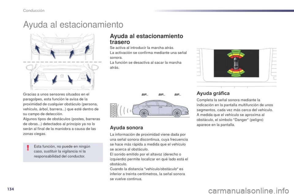 Peugeot 508 Hybrid 2014 Manual del propietario (in Spanish) 134
Gracias a unos sensores situados en el
paragolpes, esta función le avisa de la
proximidad de cualquier obstáculo (persona,
vehículo, árbol, barrera...) que esté dentro de
su campo de dete Peugeot 508 Hybrid 2014 Manual del propietario (in Spanish) 134
Gracias a unos sensores situados en el
paragolpes, esta función le avisa de la
proximidad de cualquier obstáculo (persona,
vehículo, árbol, barrera...) que esté dentro de
su campo de dete
