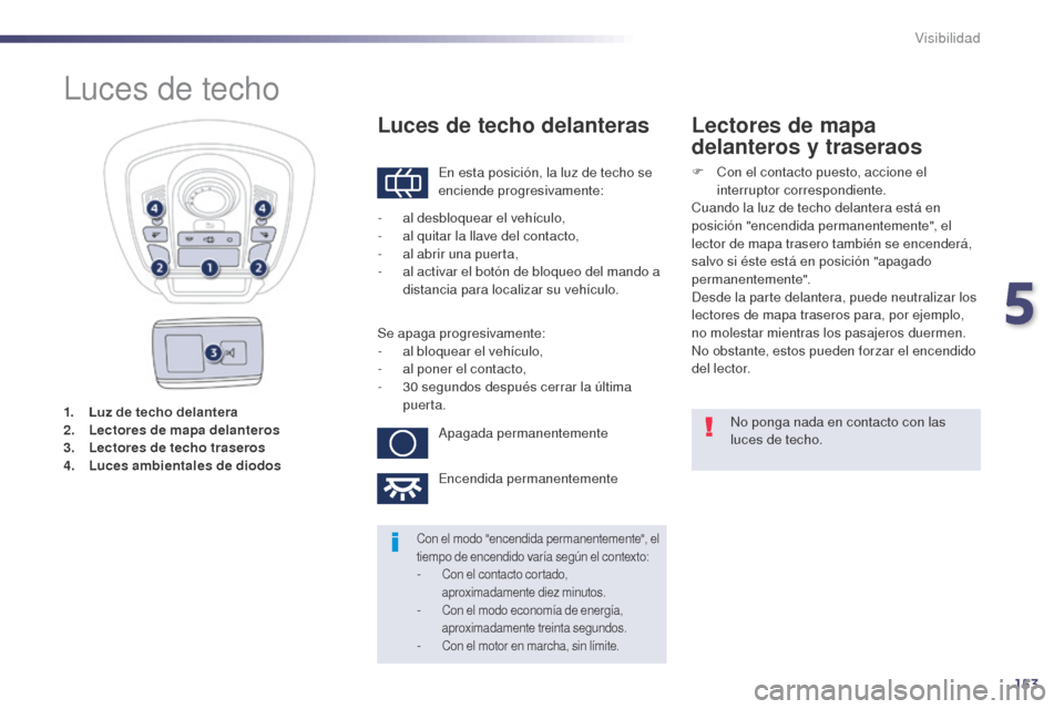 Peugeot 508 Hybrid 2014  Manual del propietario (in Spanish) 153
508_es_Chap05_visibilite_ed02-2014
1. Luz de techo delantera
2. Lectores de mapa delanteros
3.
 L

ectores de techo traseros
4.
 L

uces ambientales de diodos
Luces de techo
En esta posición, la 