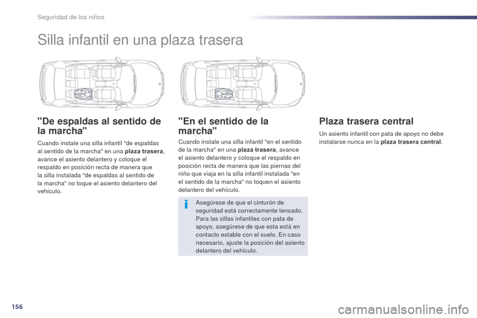 Peugeot 508 Hybrid 2014  Manual del propietario (in Spanish) 156
508_es_Chap06_securite-enfants_ed02-2014
Silla infantil en una plaza trasera
"De espaldas al sentido de 
la marcha"
Cuando instale una silla infantil "de espaldas 
al sentido de la marcha" en una 