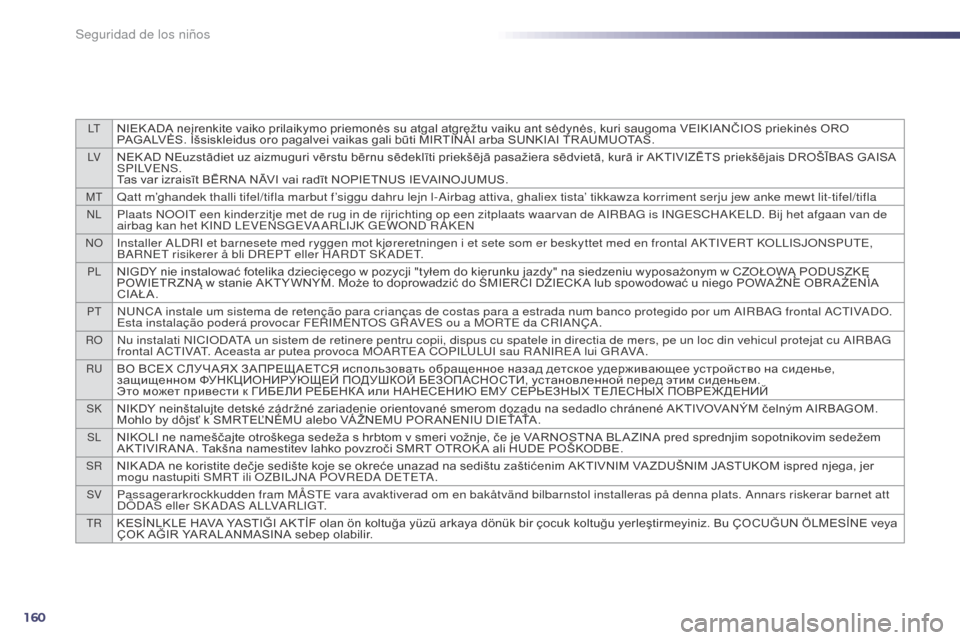 Peugeot 508 Hybrid 2014  Manual del propietario (in Spanish) 160
LTNIEK ADA neįrenkite vaiko prilaikymo priemonės su atgal atgręžtu vaiku ant sėdynės, kuri saugoma VEIKIANČIOS priekinės ORO 
PAGALVĖS. Išsiskleidus oro pagalvei vaikas gali būti MIRTIN