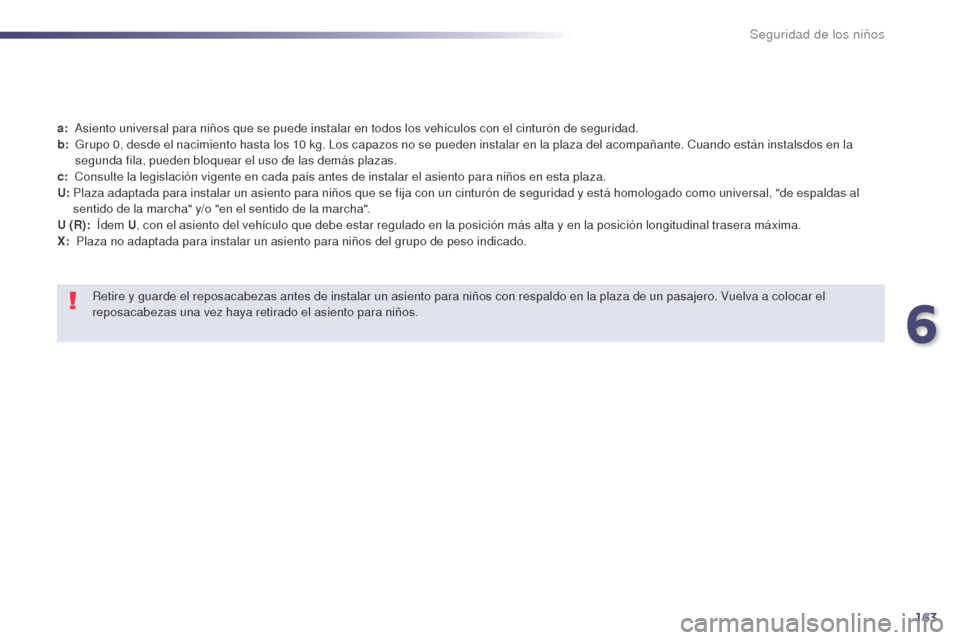 Peugeot 508 Hybrid 2014  Manual del propietario (in Spanish) 163
508_es_Chap06_securite-enfants_ed02-2014
a:  Asiento universal para niños que se puede instalar en todos los vehículos con el cinturón de seguridad.
b:   
 G rupo 0, desde el nacimiento hasta l