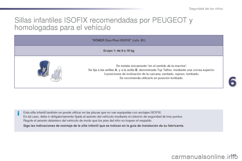 Peugeot 508 Hybrid 2014  Manual del propietario (in Spanish) 165
508_es_Chap06_securite-enfants_ed02-2014
Sillas infantiles ISOFIX recomendadas por PEUGEOT y 
homologadas para el vehículo
Esta silla infantil también se puede utilizar en las plazas que no van 