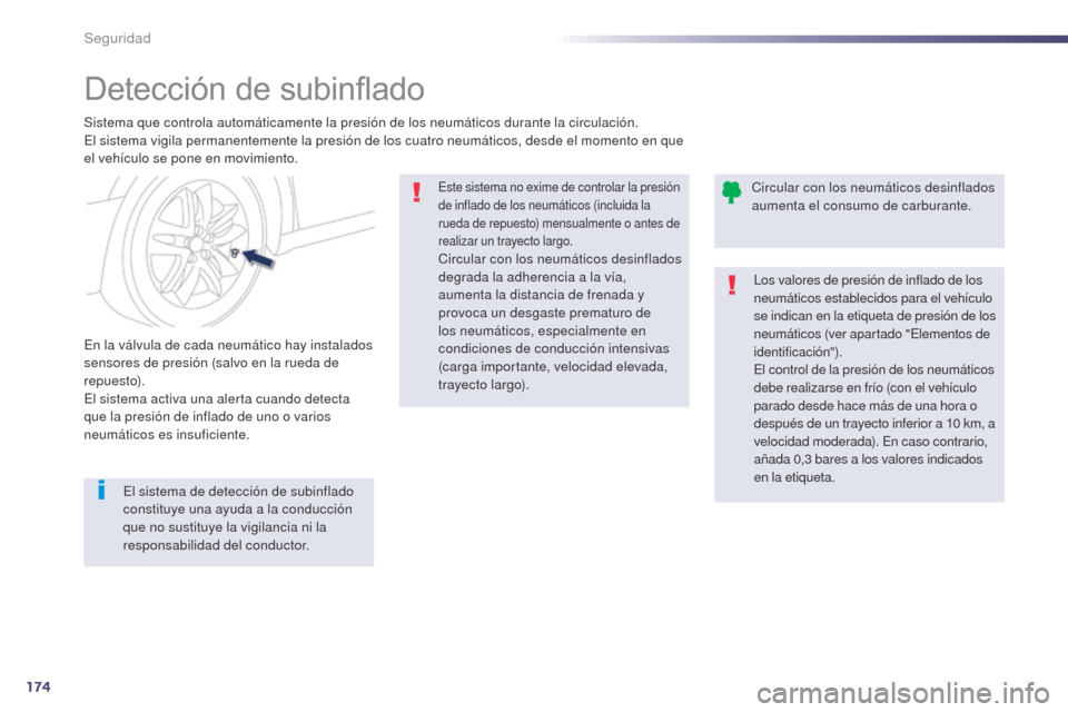 Peugeot 508 Hybrid 2014  Manual del propietario (in Spanish) 174
508_es_Chap07_securite_ed02-2014
Detección de subinflado
Sistema que controla automáticamente la presión de los neumáticos durante la circulación.
El sistema vigila permanentemente la presió