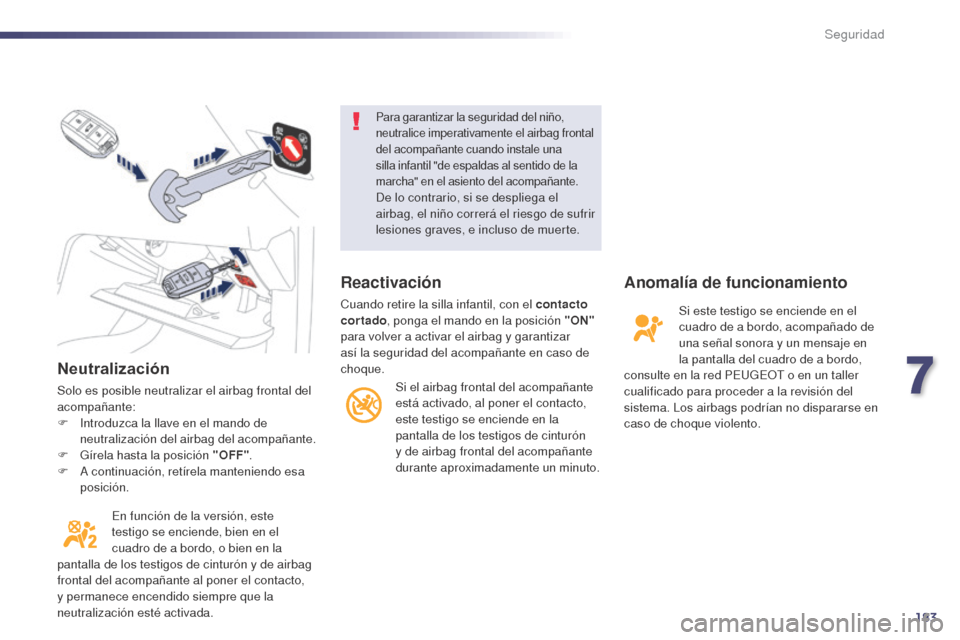 Peugeot 508 Hybrid 2014 Manual del propietario (in Spanish) 183
508_es_Chap07_securite_ed02-2014
Neutralización
Solo es posible neutralizar el airbag frontal del
acompañante:
F
I
ntroduzca la llave en el mando de
neutralización del airbag del acompañan Peugeot 508 Hybrid 2014 Manual del propietario (in Spanish) 183
508_es_Chap07_securite_ed02-2014
Neutralización
Solo es posible neutralizar el airbag frontal del
acompañante:
F
I
ntroduzca la llave en el mando de
neutralización del airbag del acompañan