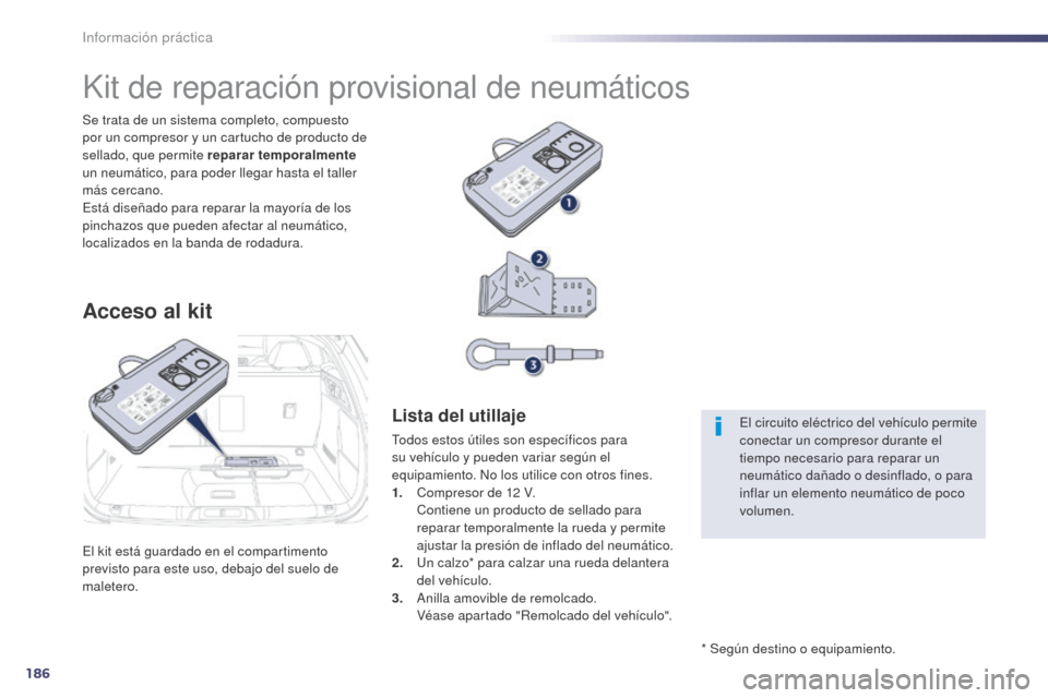 Peugeot 508 Hybrid 2014 Manual del propietario (in Spanish) 186
508_es_Chap08_info-pratiques_ed02-2014
Información práctica
El kit está guardado en el compartimento
previsto para este uso, debajo del suelo de
maletero. Se trata de un sistema completo, com Peugeot 508 Hybrid 2014 Manual del propietario (in Spanish) 186
508_es_Chap08_info-pratiques_ed02-2014
Información práctica
El kit está guardado en el compartimento
previsto para este uso, debajo del suelo de
maletero. Se trata de un sistema completo, com