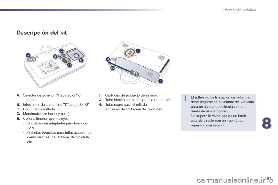 Peugeot 508 Hybrid 2014 Manual del propietario (in Spanish) 187
i
508_es_Chap08_info-pratiques_ed02-2014
A. Selector de posición "Reparación" o " Inf lado".
B.
I
nterruptor de encendido "I" /apagado "O".
C.
B
otón de desinflado.
D.
M
anómetro (en bar Peugeot 508 Hybrid 2014 Manual del propietario (in Spanish) 187
i
508_es_Chap08_info-pratiques_ed02-2014
A. Selector de posición "Reparación" o " Inf lado".
B.
I
nterruptor de encendido "I" /apagado "O".
C.
B
otón de desinflado.
D.
M
anómetro (en bar