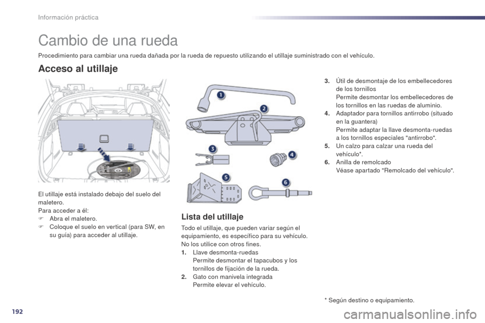 Peugeot 508 Hybrid 2014  Manual del propietario (in Spanish) 192
508_es_Chap08_info-pratiques_ed02-2014
Cambio de una rueda
El utillaje está instalado debajo del suelo del 
maletero.
Para acceder a él:
F 
A
 bra el maletero.
F
 
C
 oloque el suelo en vertical
