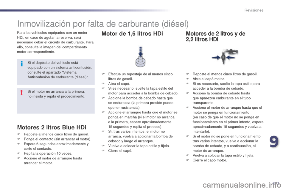 Peugeot 508 Hybrid 2014  Manual del propietario (in Spanish) 231
508_es_Chap09_verifications_ed02-2014
Para los vehículos equipados con un motor 
HDi, en caso de agotar la reserva, será 
necesario cebar el circuito de carburante. Para 
ello, consulte la image