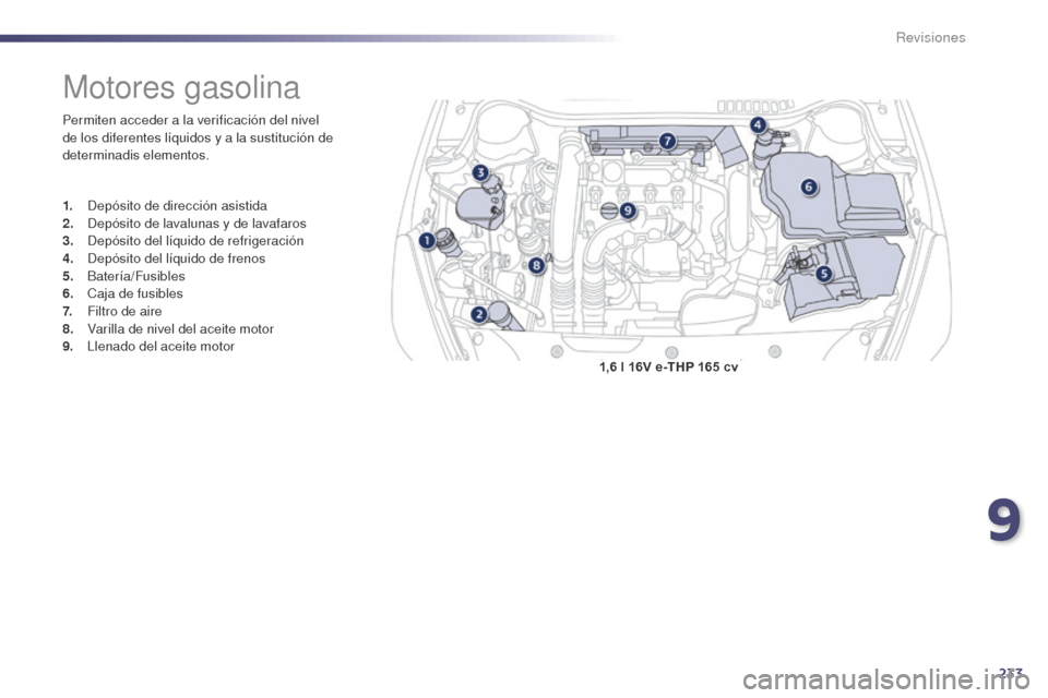 Peugeot 508 Hybrid 2014  Manual del propietario (in Spanish) 233
508_es_Chap09_verifications_ed02-2014
1,6 l 16V e-THP 165 cv
Motores gasolina
Permiten acceder a la verificación del nivel 
de los diferentes líquidos y a la sustitución de 
determinadis elemen
