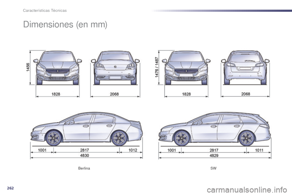 Peugeot 508 Hybrid 2014  Manual del propietario (in Spanish) 262
508_es_Chap10_caracteristiques-techniques_ed02-2014
BerlinaSW
Dimensiones (en mm) 
Características Técnicas  
