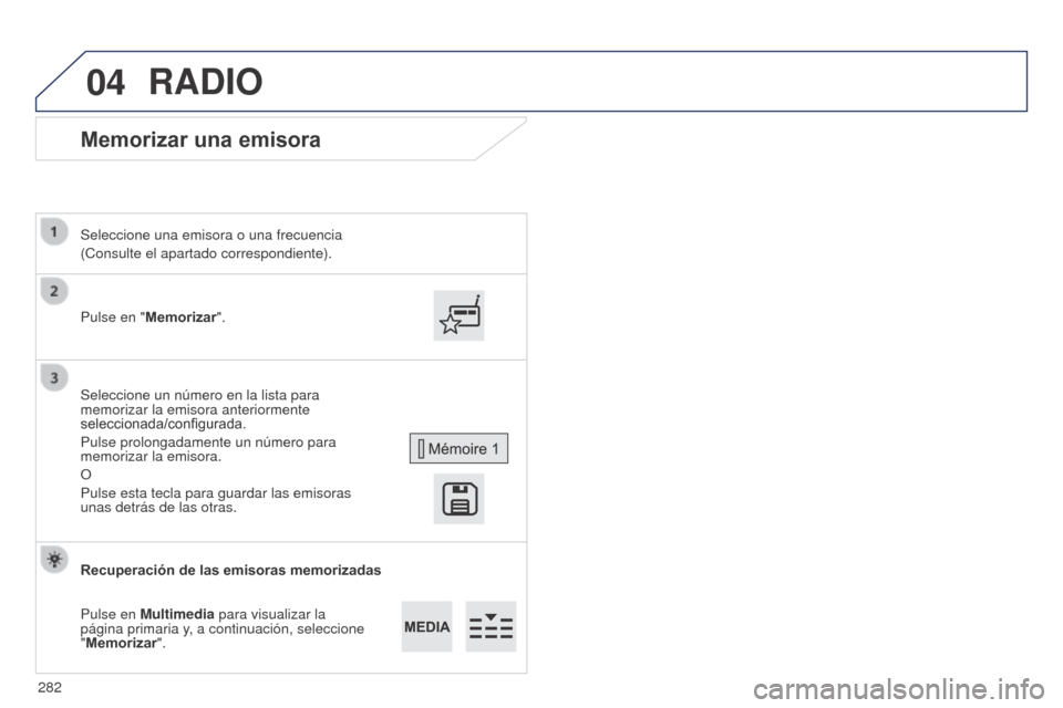Peugeot 508 Hybrid 2014  Manual del propietario (in Spanish) 282
04
508_es_Chap11c_SMEGplus-i_ed02-2014
Memorizar una emisora
Pulse en "Memorizar". Seleccione una emisora o una frecuencia
(Consulte el apartado correspondiente).
Seleccione un número en la lista