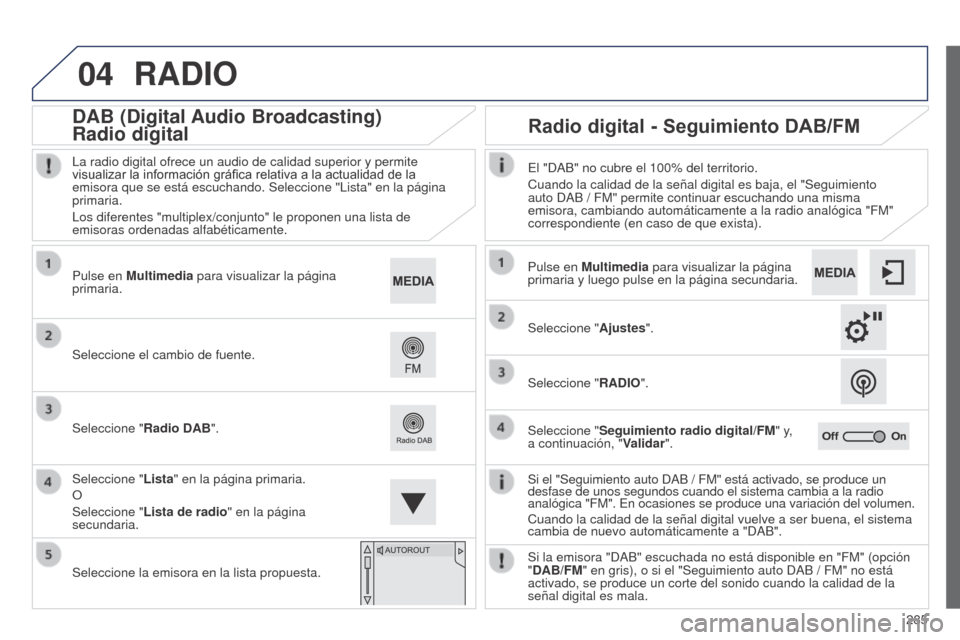 Peugeot 508 Hybrid 2014  Manual del propietario (in Spanish) 285
04
508_es_Chap11c_SMEGplus-i_ed02-2014
RADIO
Si el "Seguimiento auto DAB / FM" está activado, se produce un 
desfase de unos segundos cuando el sistema cambia a la radio  
analógica "FM". En oca