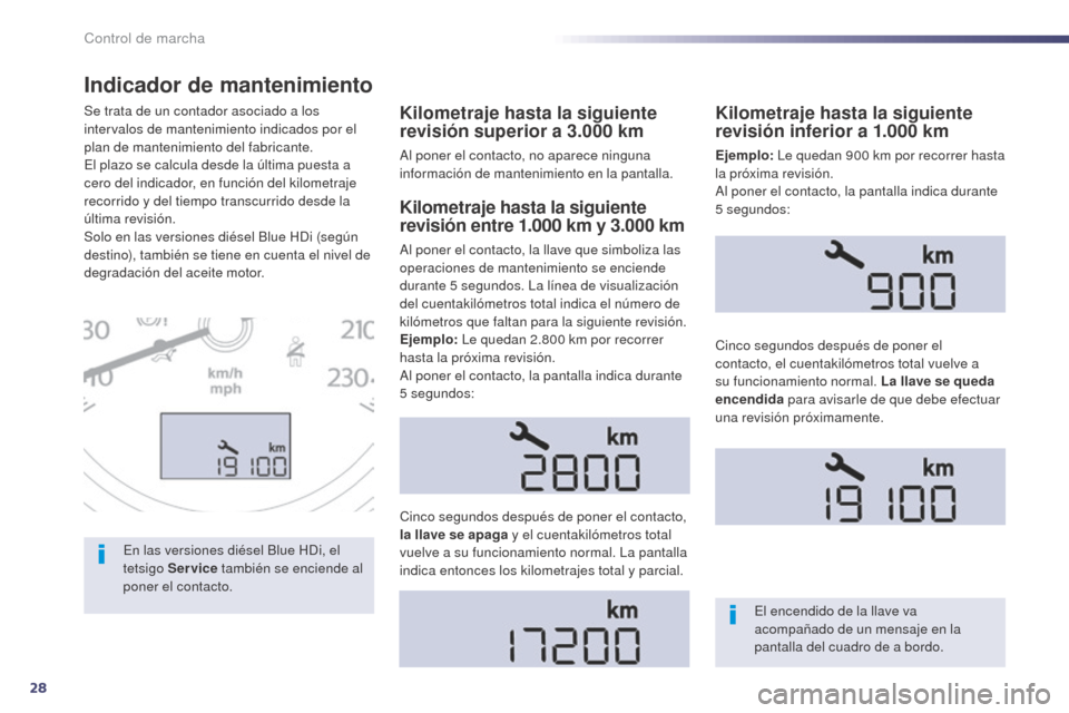 Peugeot 508 Hybrid 2014  Manual del propietario (in Spanish) 28
Indicador de mantenimiento
Kilometraje hasta la siguiente 
revisión superior a 3.000  km
Al poner el contacto, no aparece ninguna 
información de mantenimiento en la pantalla.
Se trata de un cont